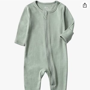 Three O2 Baby 3-6 month Footies in Blue White and Sage Green